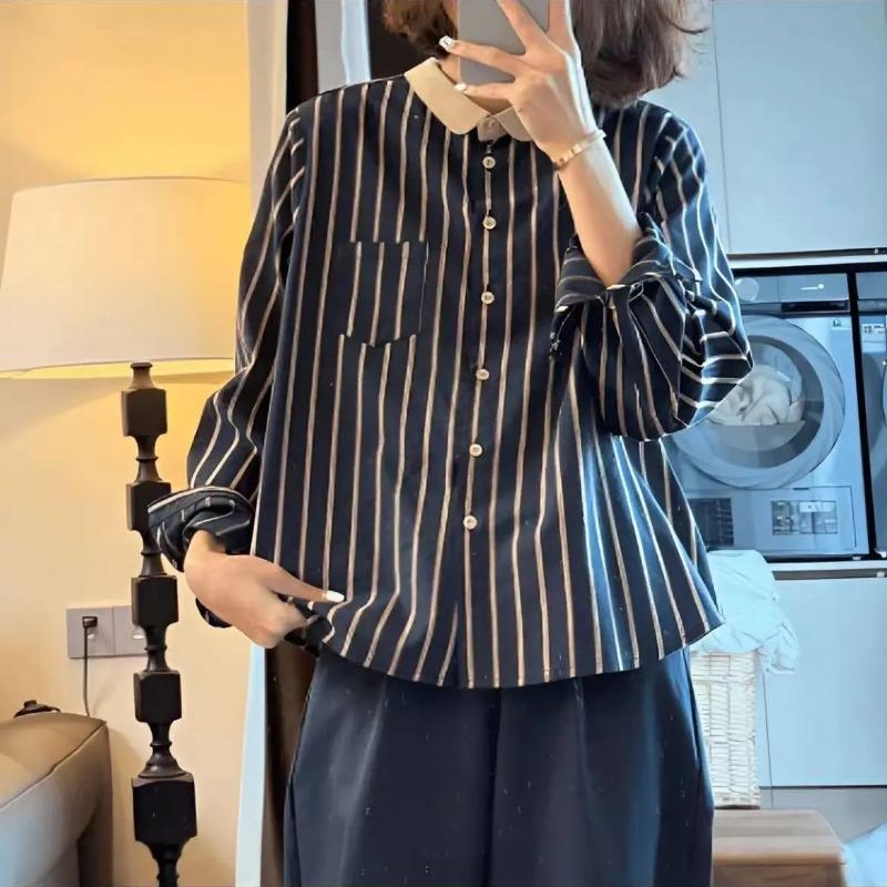 Contrast Striped Lapel Spliced Shirt Autumn New Fashion Retro Evergrande Long Sleeve Women's