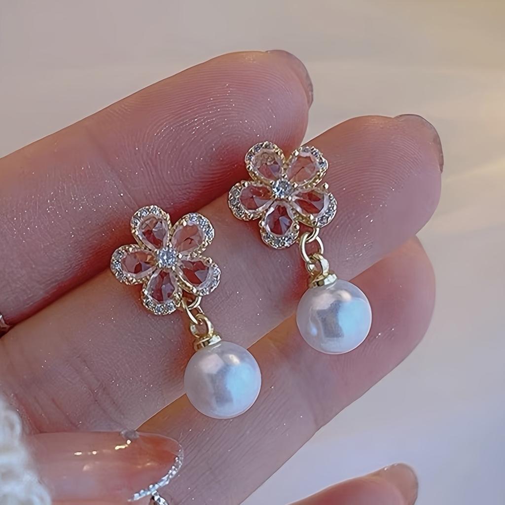 1 Pair Elegant Flower Pendant Earrings Rhinestone Imitation Pearl Sweet Alloy Earring Daily Holiday Wear Women Jewelry Accessory