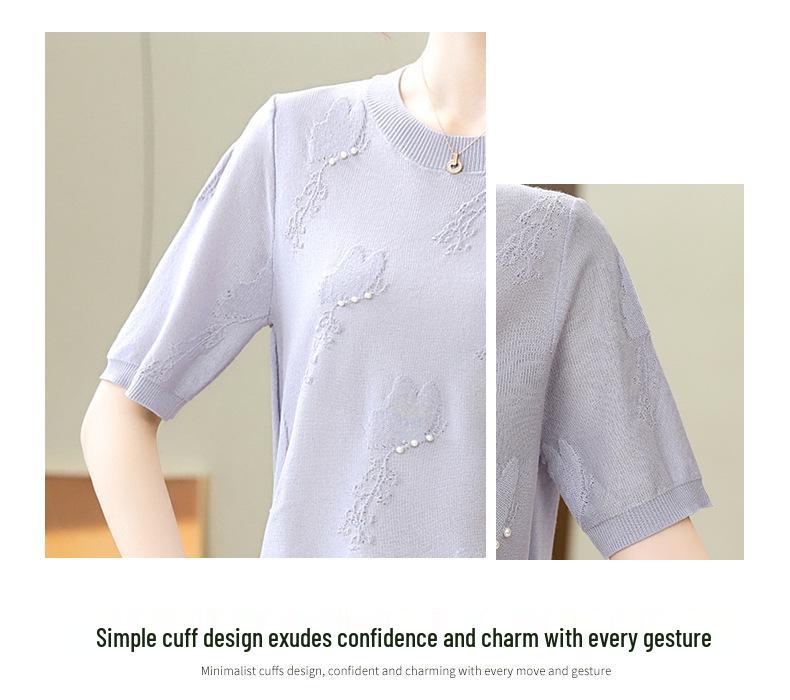 Stylish Ice Silk Knit T-Shirt – Short-Sleeve Round Neck for Middle-Aged and Elderly Women