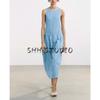 Summer New Women clothes Honeycomb Format Elastic round Neck Sleeveless Midi Dress 3067329 3067229