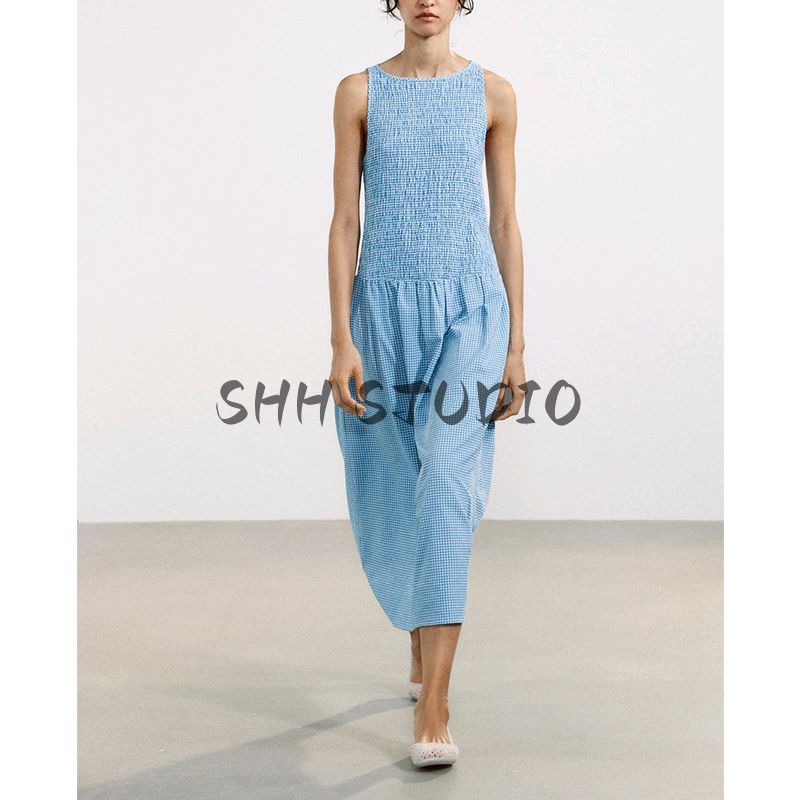 Summer New Women clothes Honeycomb Format Elastic round Neck Sleeveless Midi Dress 3067329 3067229