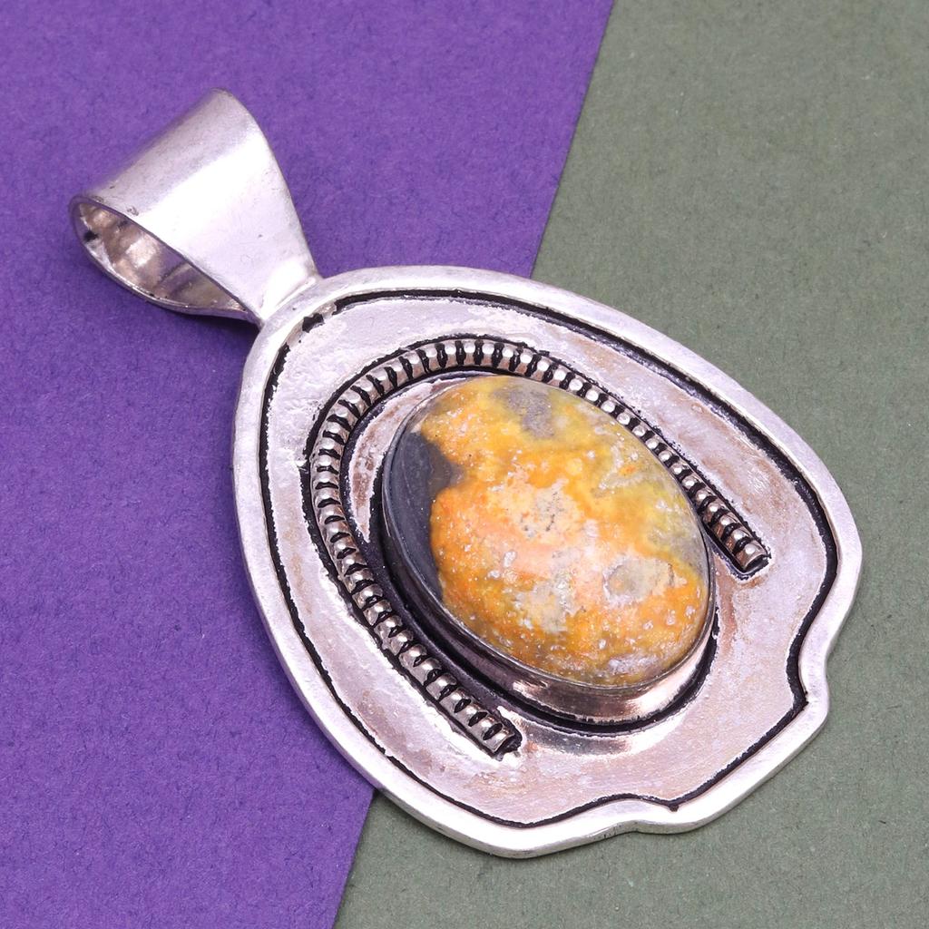 Bumble Bee Jasper Gemstone Mother's Day Silver Jewelry Pendant  2.25"