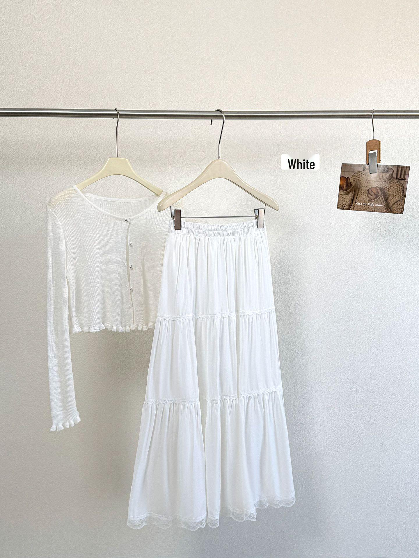 

White Fairy Lace Hem Midi Skirt - Spring/Summer 2026 Petite High Waist A-line Long Skirt One Size