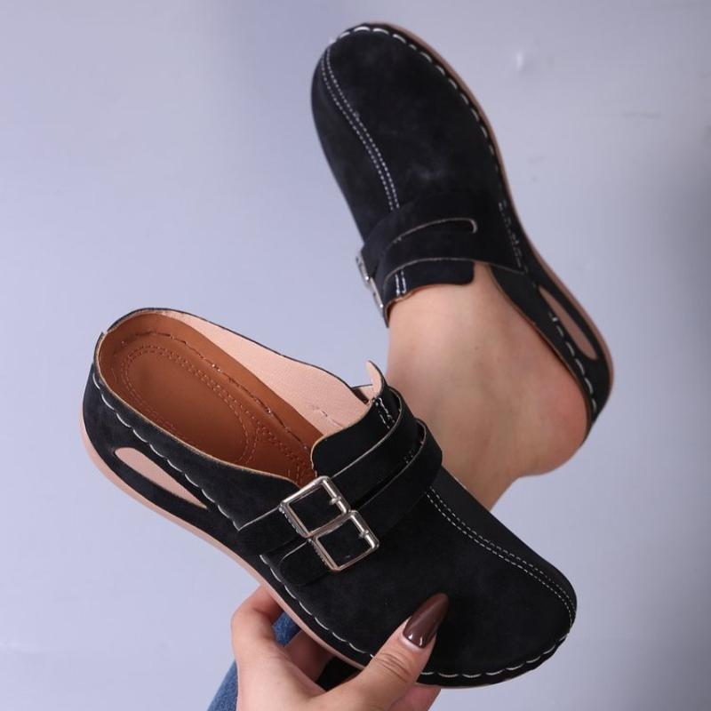 Women Slippers Women'S Casual Spacious Thick Soled T Strap Slippers Women Fashiable Metal Snap Fastener Closed Toe Slippers