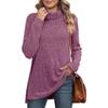 Women's High Collar Split Hem Solid Color Casual Stripe T-Shirt - Autumn/Winter 2023 Collection