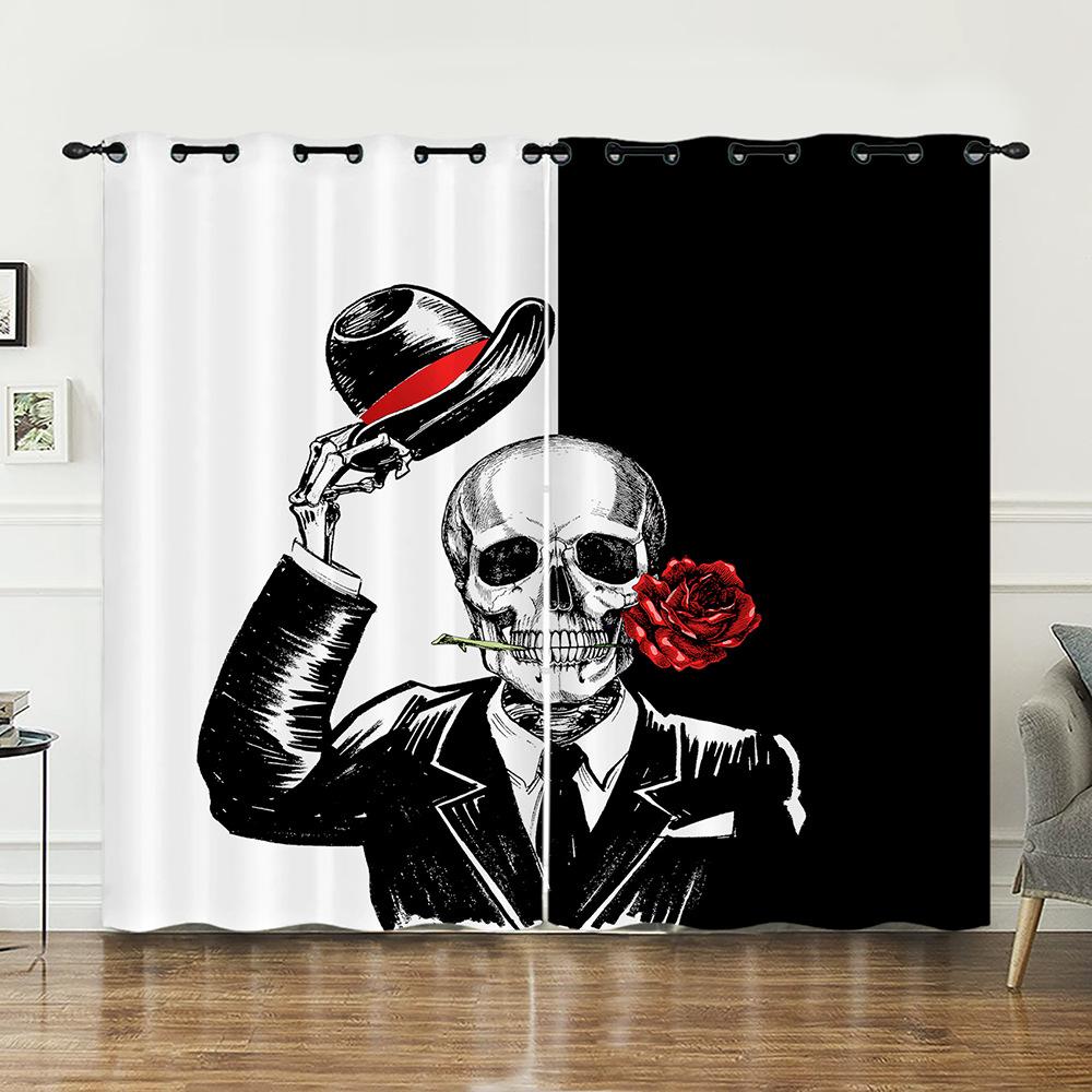 Curtains Skull Black Sunshade Bedroom Living Room Digital Printing Curtains Blackout Free Punching