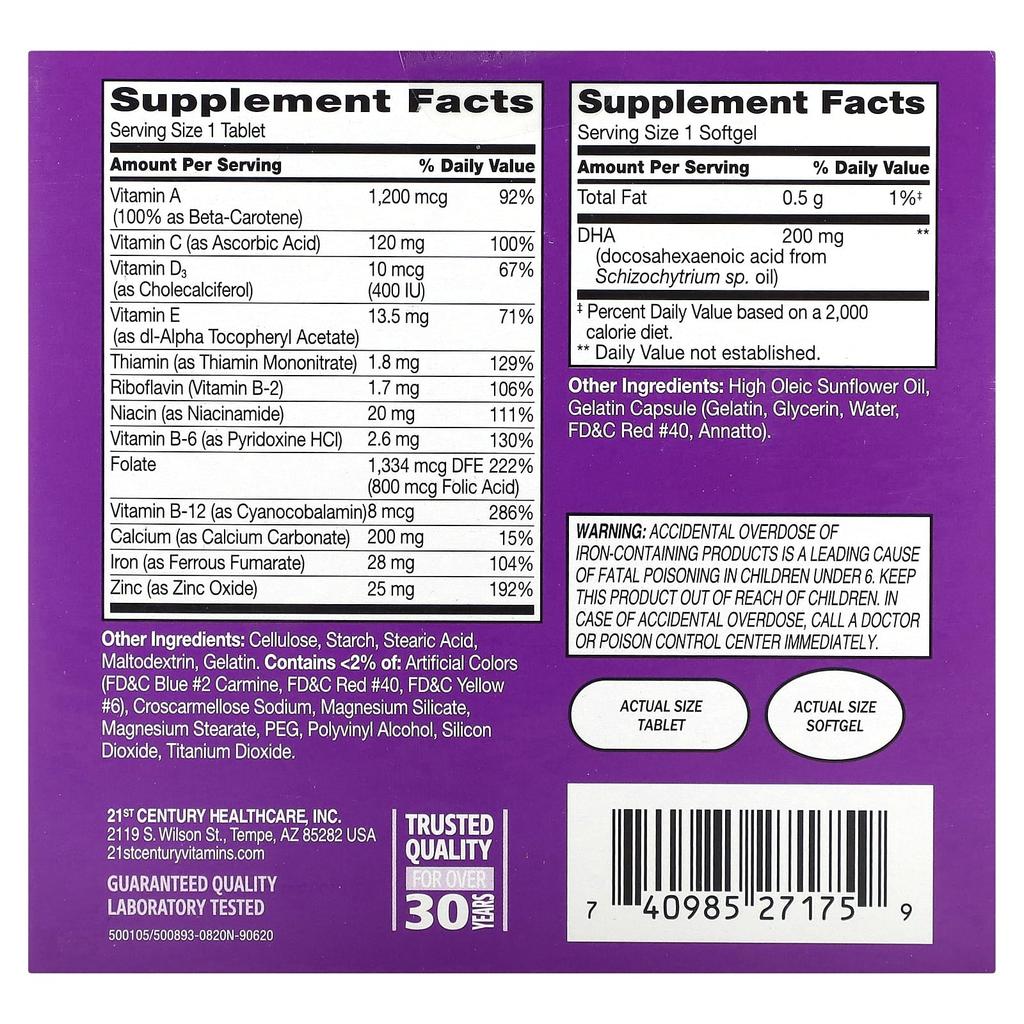 21st Century Prenatal Multivitamin/Mineral + Dha, 2 Bottles, 60 Tablets/60 Softgels