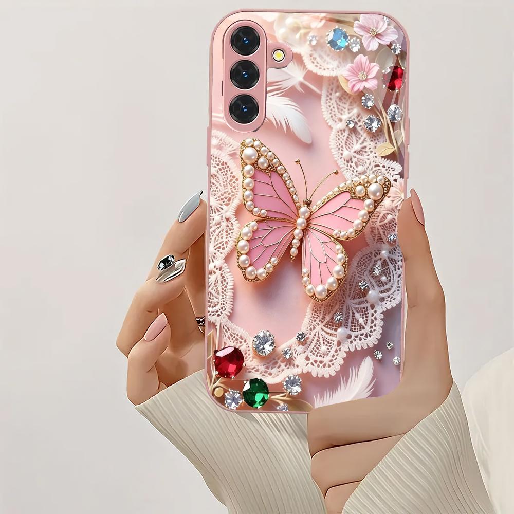 Pink 2D Butterfly Metallic Glass Phone Case Suitable for Samsung GalaxyS26 S25 S24 S22 S21 S20FE/Ultra/Plus Anti Drop Rear Cover