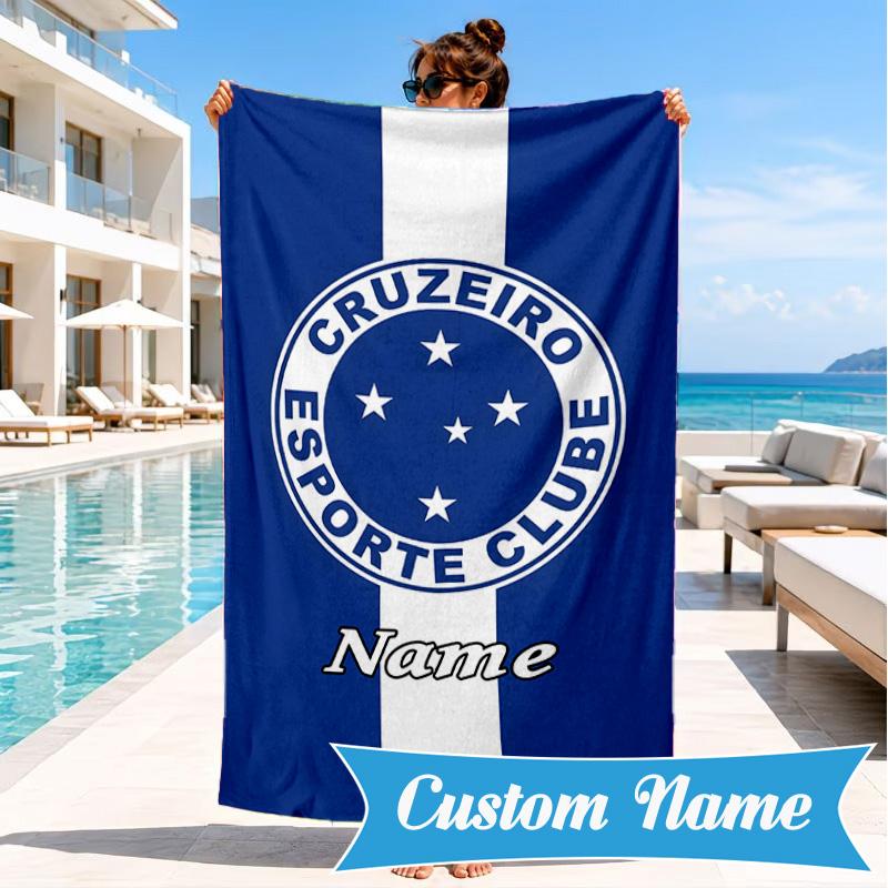 Custom Name Beach Towel Cruzeiro FC Crest Microfiber Beach Towel, Lightweight for Summer Travel, Swimming Pool Fan Birthday Gift