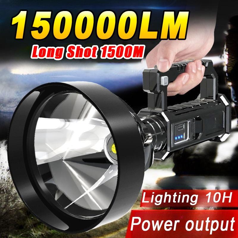 150000LM Powerful LED Flashlight Handheld Searchlight Rechargeable With Stand Super Bright Work Torch Portable Outdoor Lantern