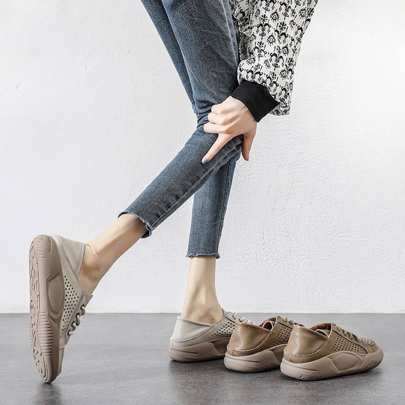 Perforated Breathable Sneaker Sandals for Women, White Sneakers, Summer Thin Lace-up with Sponge Soles, Casual Shoes
