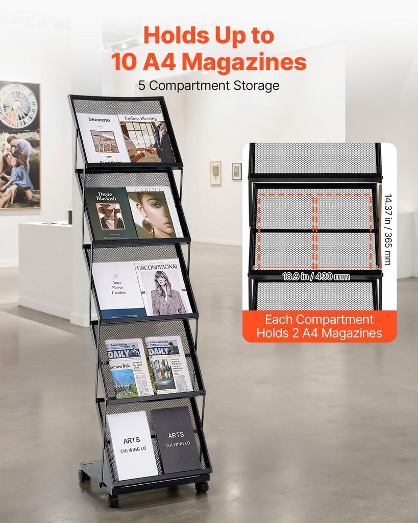 Brochure Display Rack, Foldable 5 Pockets Magazine Literature Display Stand, Movable Floor Standing Magazine Rack with Wheels, Metal Newspaper Catalog