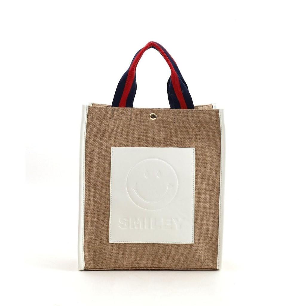 Cuco SMILEY Tape Handle Linen 2-Way Tote Bag, 2513111701, White (001)