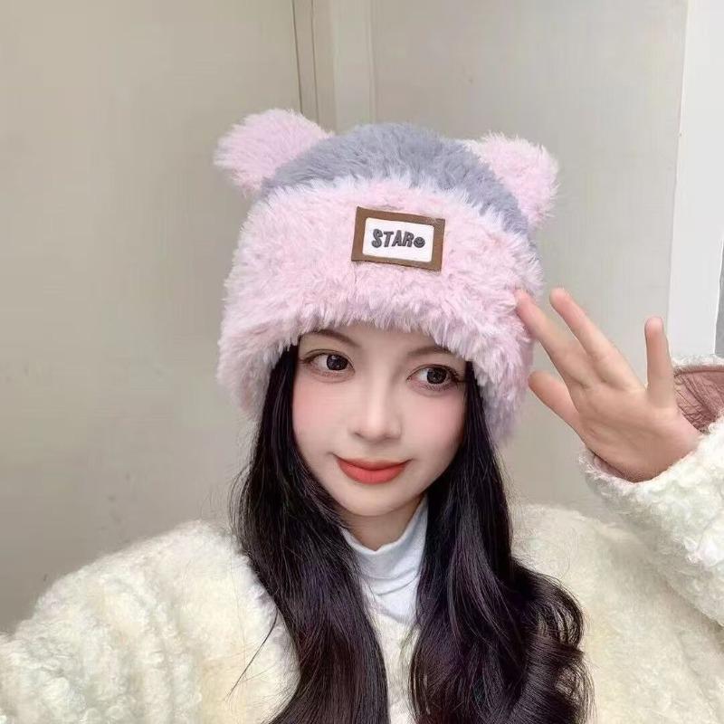 Sweet and cute bear wool hat women's versatile patch letter winter warm and cold ear protection wool hat