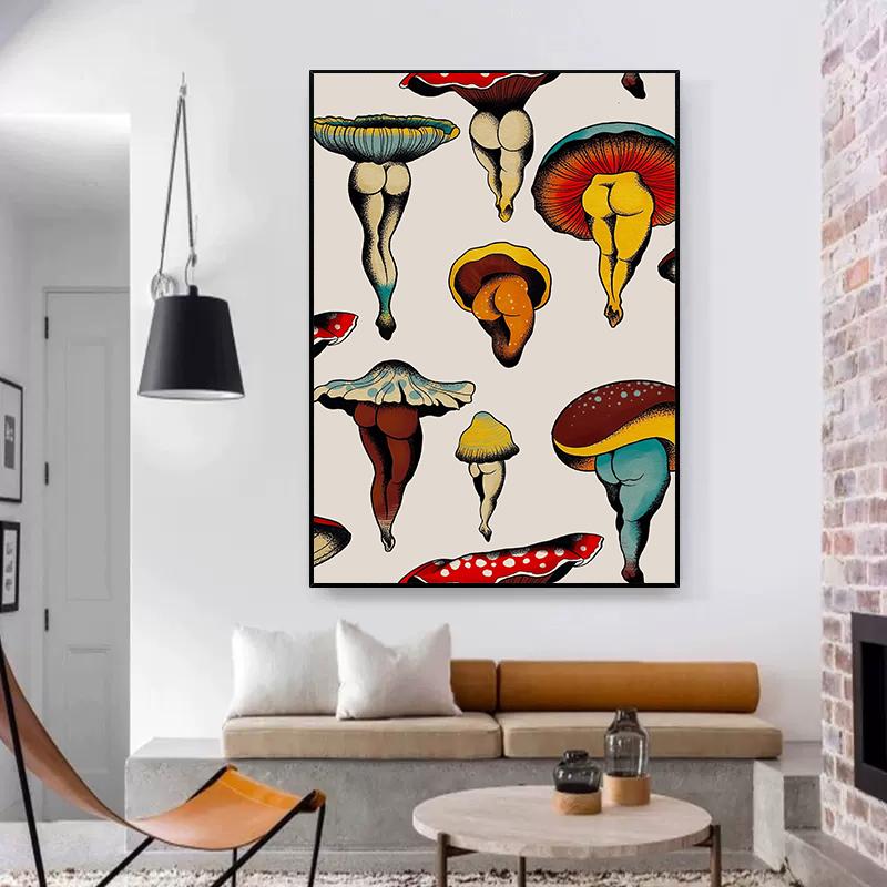 Poster estetic cu ciuperci amuzant, pictură retro pe pânză, tablou de perete vintage pentru dormitor modern, decorare a casei, fără cadru