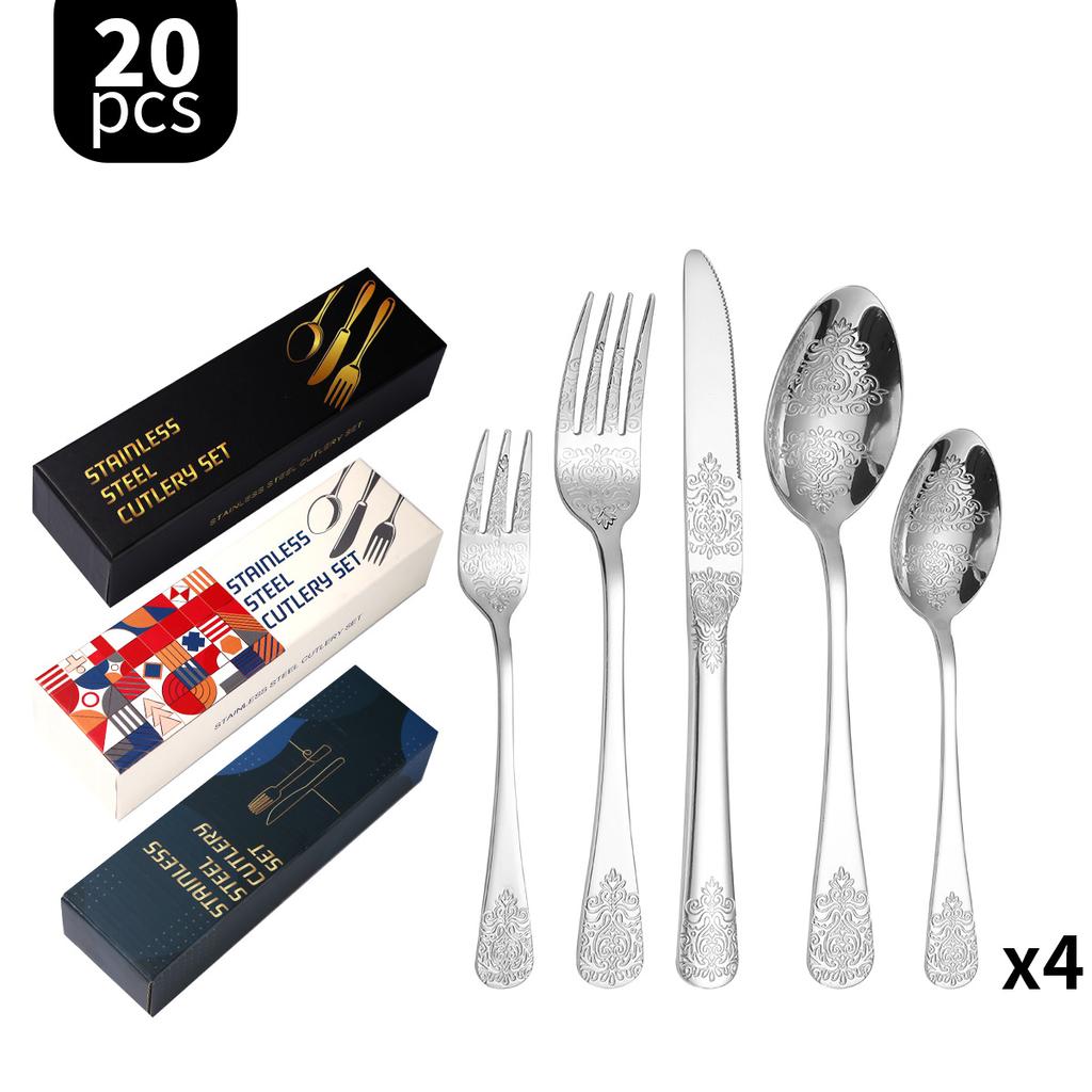 Double-Headed Flower Pattern Tableware Knife, Fork and Spoon 430 Stainless Steel Advanced Western Tableware 5 Main Pieces Suit