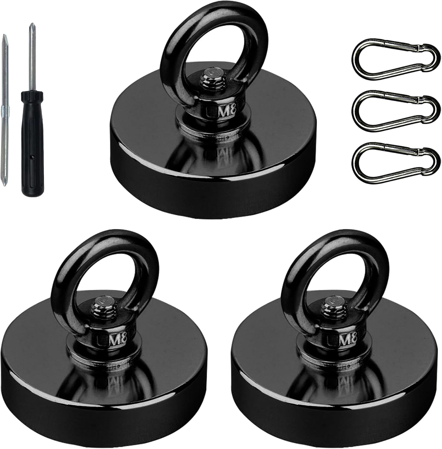 

YESCUT Super Strong Magnetic Hooks with Carabiners (Set of 3), 115kg Weight Capacity, 60mm Diameter, 304 Stainless Steel, Strong Magnets, Rust-Resista