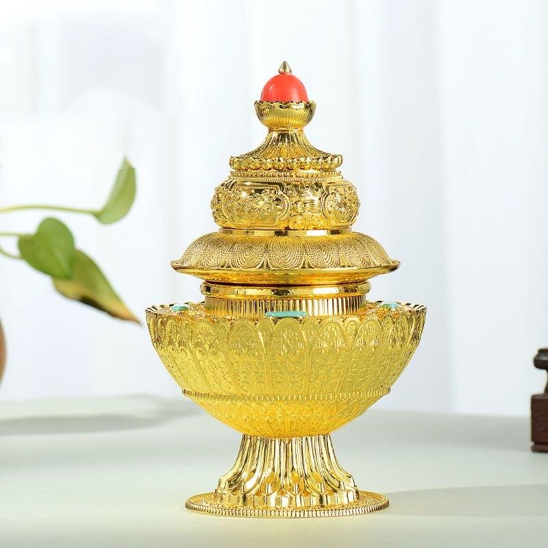 Buddhism 4 Layer Rice Bottle ,Inlaid Gem Alloy Handicraft Tantric Spices Storage Bottle,Tibetan Desktop Altars Decorative,1Pcs