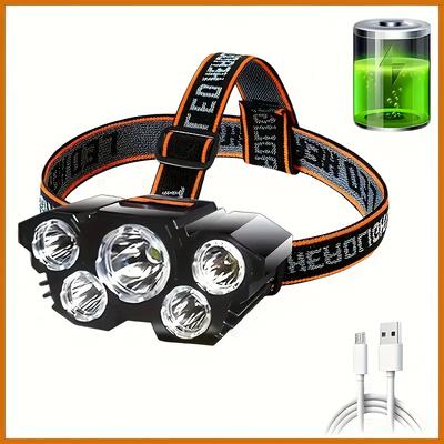 Multi-Purpose 5LED Headlight Outdoor Usb Charging Fishing Headlight Strong Light Four Mode Flashlight for Camping,Work,Maintenance,Car Maintenance