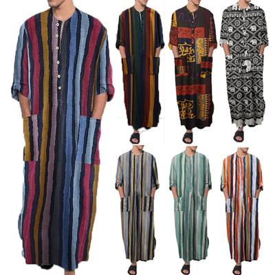 Erkek Uzun Kollu Çizgili Müslüman Bornoz Gecelik Arap Kaftan Uzun Gömlek Müslüman Giyim Vintage İslami Orta Doğu Dubai Abaya