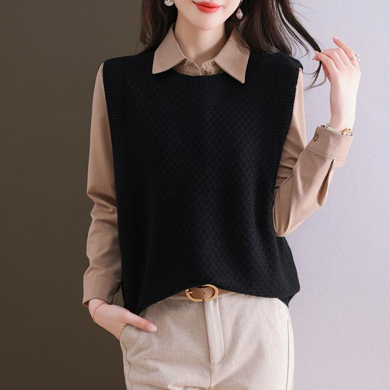 Women's Wool Knit Vest - 2025 Autumn/Winter New Style, Versatile Sleeveless Sweater with Shirt