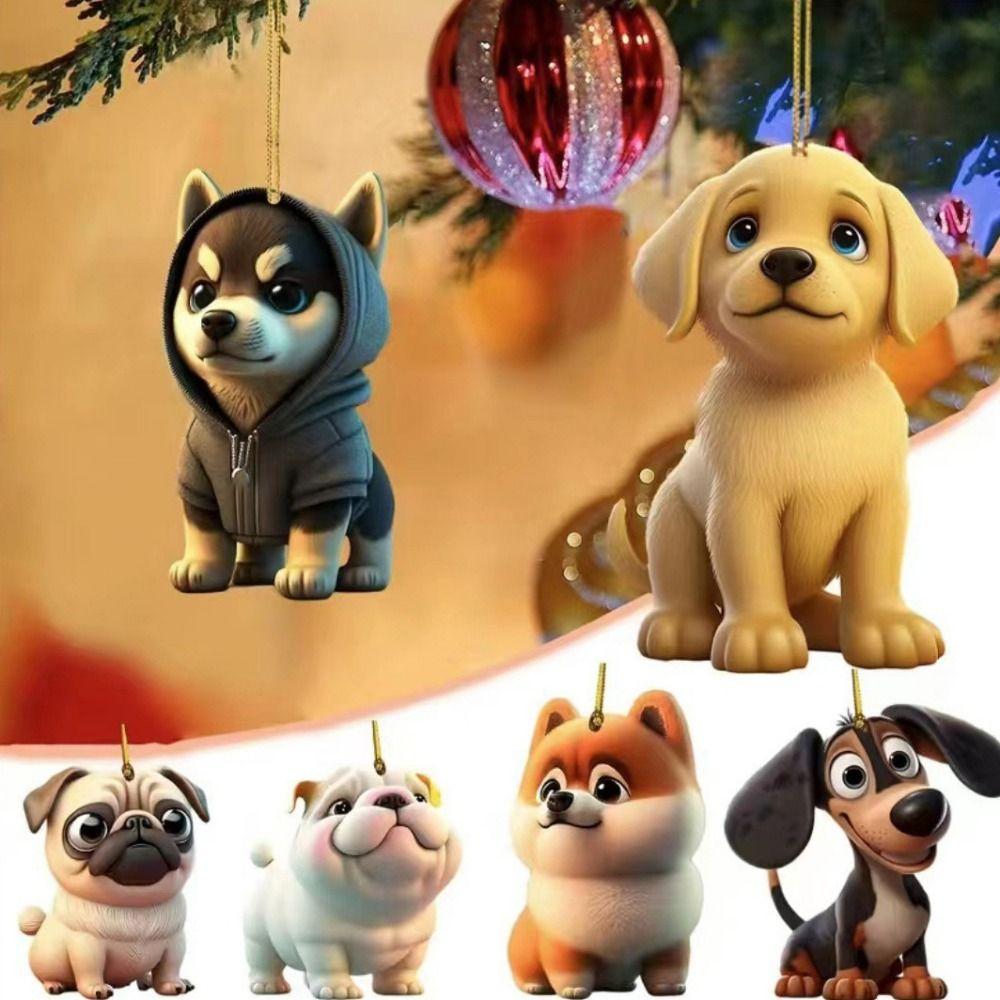 2D Dog Christmas Tree Hanging Pendants Decorative Cartoon Dog Christmas Tree Charms Acrylic Hanging Cartoon Dog Car Pendant Car