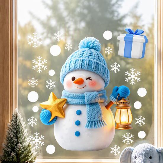 Holiday Decorative Gifts for Friends Christmas Window Clings, Cute Cartoon Snowman Stickers, Winter Snowflake Double-Sided Wall Stickers Static Glass