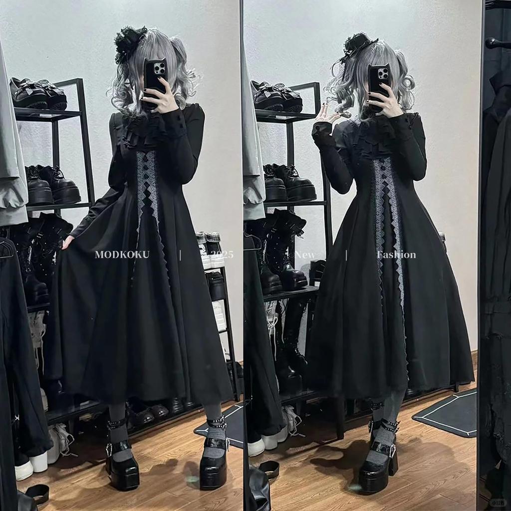 MODKOKU Gothic Lolita Dress with Ribbon and Lace Gothic Lolita Girly Long XL Cape-Style Dress, Women's Waistband, Ruffles, Long, Dress, Dreamy, Cute,