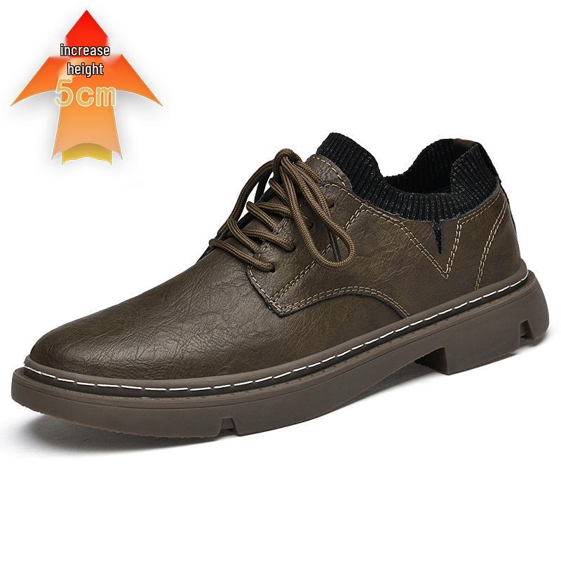 Men s Retro British-Style Lace-up Martin Boots: 5CM Height Increase, Casual Flyknit Low-cut Round Toe Leather Shoes 38