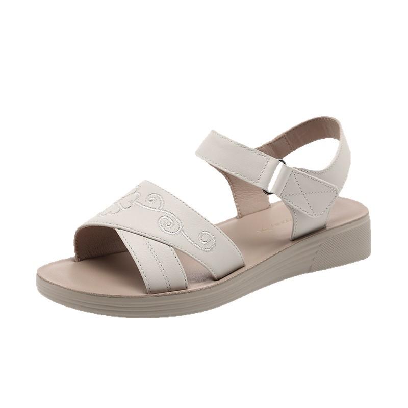 Red Dragonfly Women's Genuine Leather Outdoor Flat Sandals for Middle-Aged Mothers - 2026 Summer Collection