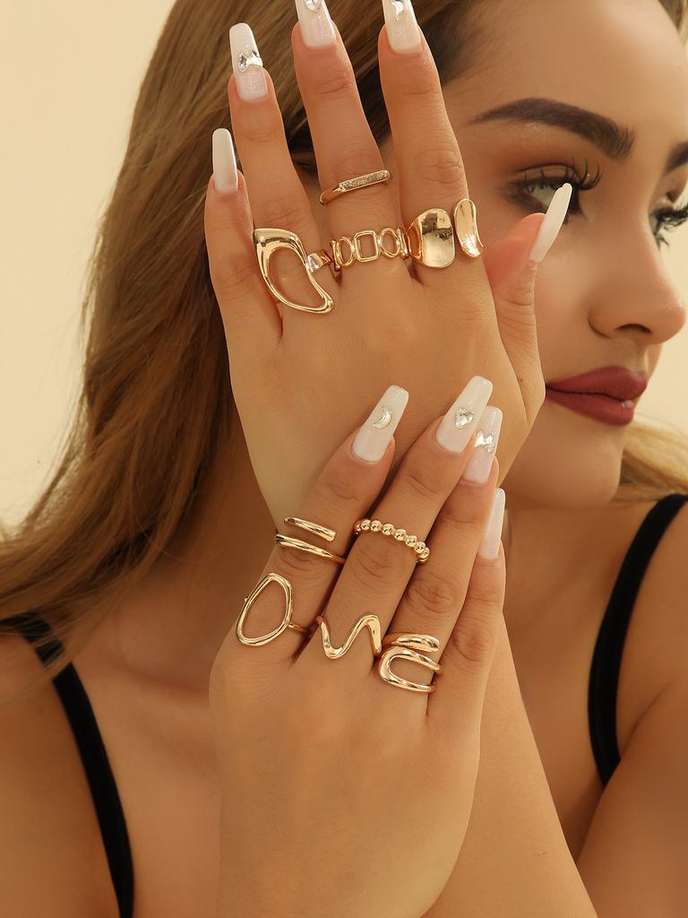 2025 New 6PCS Punk-Style Alloy Electroplated Irregular Exaggerated Flower Ring For Women Elegant Baroque Limited Pearl Ring Jewe