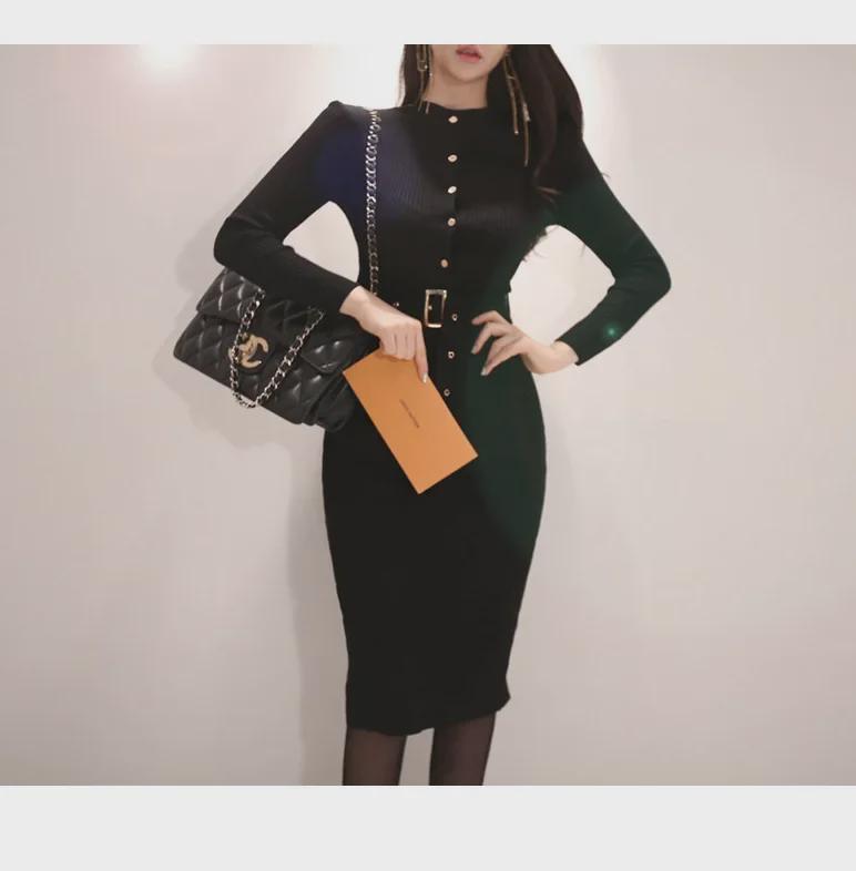 Rochie Tricotată Slim Fit Coreeană - Rochie Midi cu Guler Rotund și Curea pentru Femei (Toamna/Iarna 2021)