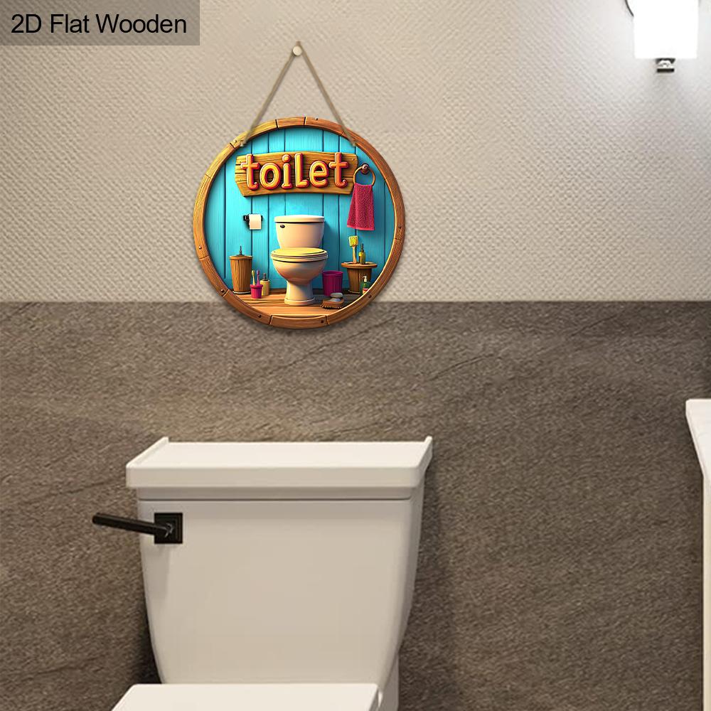 Toilet Wooden Sign with Closestool Pattern - Round Sign for Toilet Door Hanging Decor - Ideal Bathroom Hanging Ornament