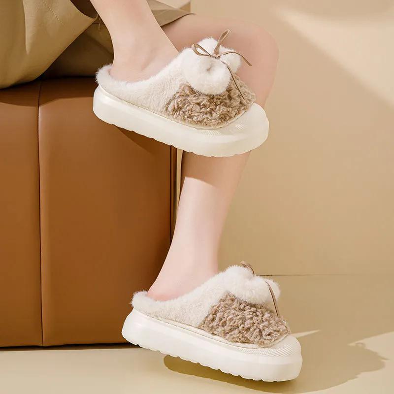 WTEMPO Soft Plush Women's Autumn Winter Bow Slippers Couple Thick Heel Non-slip Indoor Warm Cotton Slippers