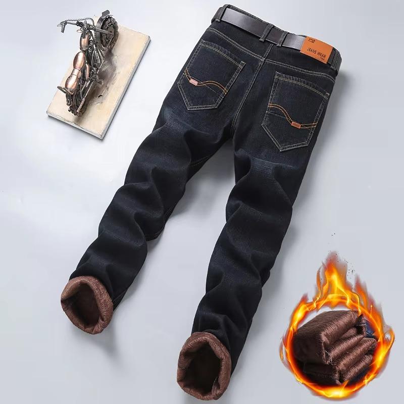 Zima Ležérní Pánské Teplé fleecové džíny Klasický styl Business Hustá kožešina Regular Fit Denim Kalhoty Značka Plyšové kalhoty