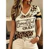 T-shirt estiva casual da donna con scollo a V e maniche corte, con alla moda stampa 3D, adatta per uscite o per stare a casa