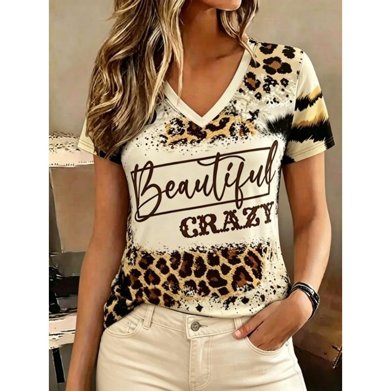 T-shirt estiva casual da donna con scollo a V e maniche corte, con alla moda stampa 3D, adatta per uscite o per stare a casa