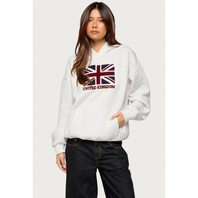 Womens V-Neck Long Sleeve Loose Fit Casual Sweatshirt With Flag Print Waffle Knit Comfortable Streetwear Top