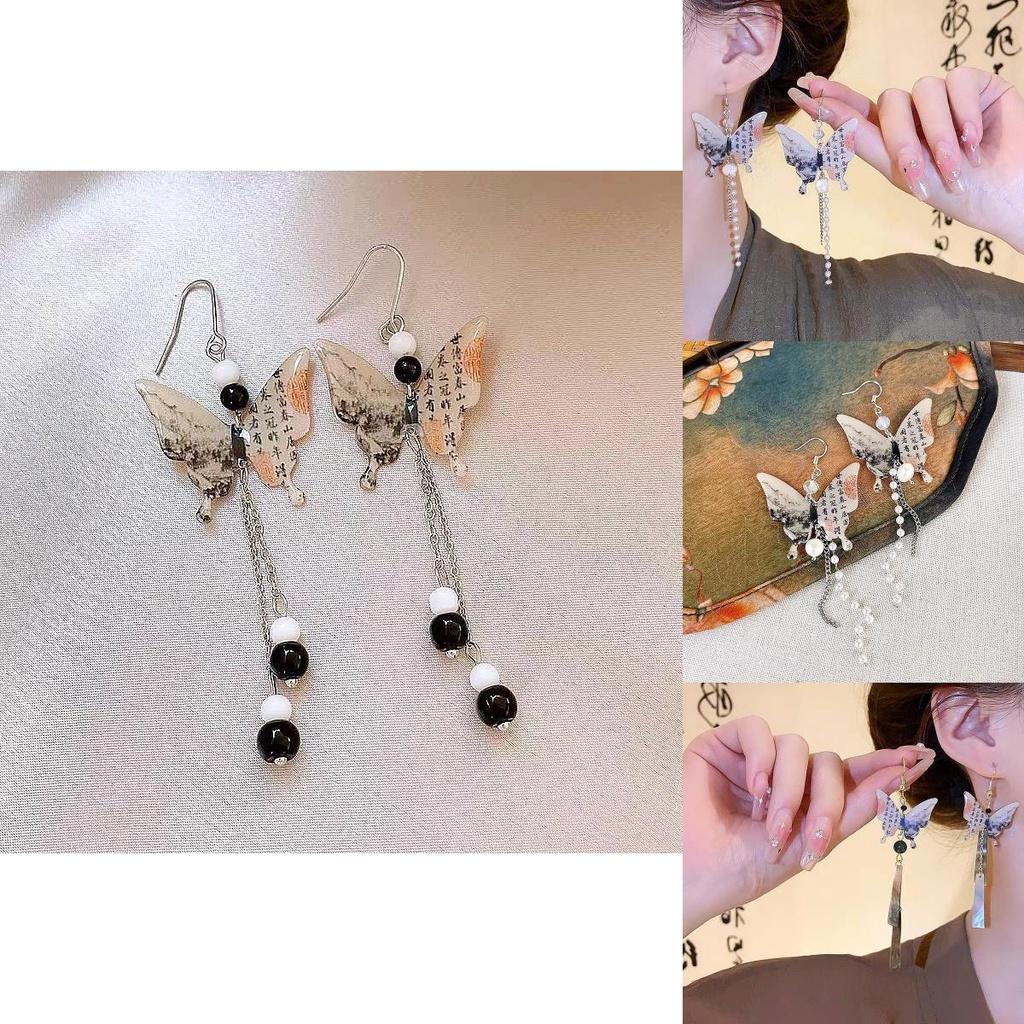Stylish Ink Painting Butterfly Earrings Minimalistic Chinese Style Silver Color