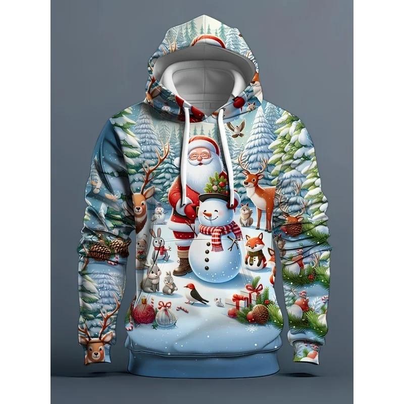 Felpa con Cappuccio a Tema Natalizio Cartone Animato per Uomo Donna Babbo Natale Renna Stampe 3D Felpe Pullover Casual Top Maglia a Maniche Lunghe
