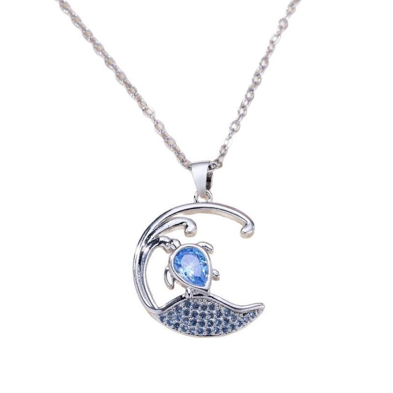 Hot Sale White K Sea Blue Diamond Wave Turtle Necklace