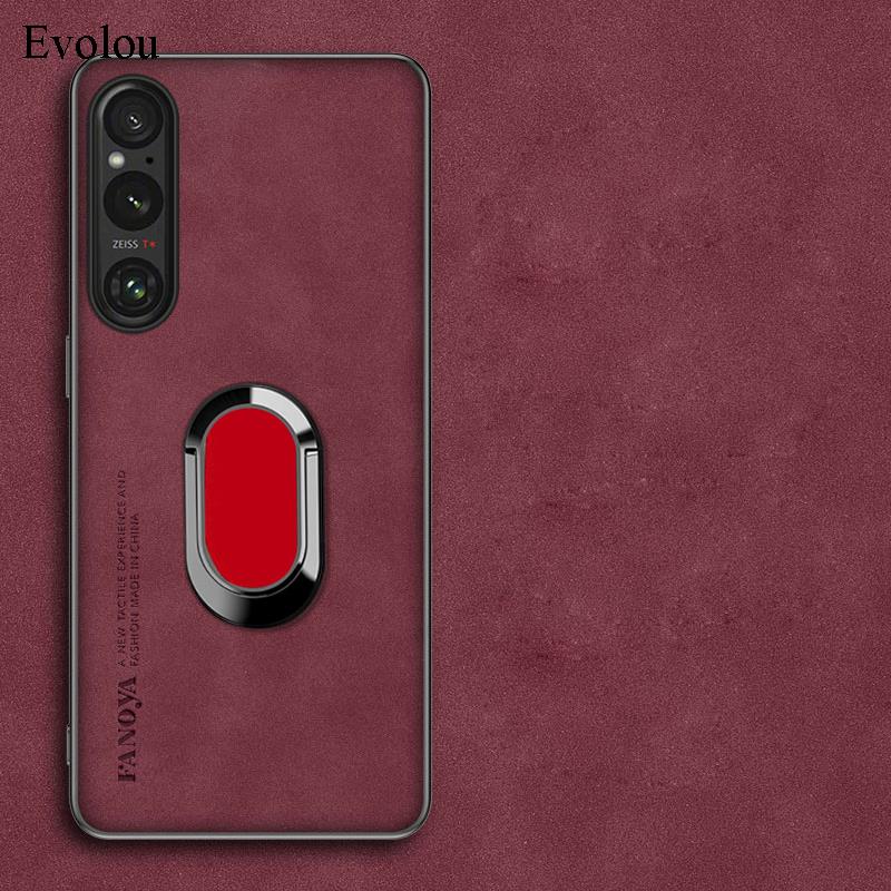 Para Sony Xperia 1 V 10 V Funda de Teléfono de Cuero de Oveja con Soporte de Anillo Magnético Para Xperia 1 V 10 V Cubierta Trasera con Protección de Lente
