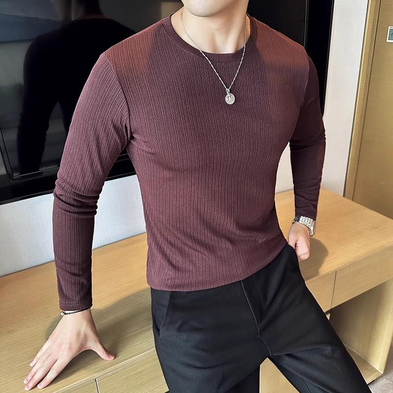 

Весна Осень Мужская облегающая футболка Однотонная с длинным рукавом и круглым вырезом Модная футболка для мужчин Высококачественные эластичные повседневные футболки Топы для мужчин M кофейный