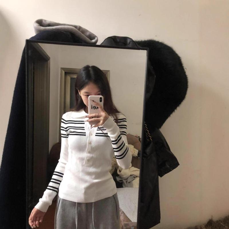 Contrasting striped knitted long-sleeved bottoming shirt with women's autumn clothes new semi-open neck long-sleeved top