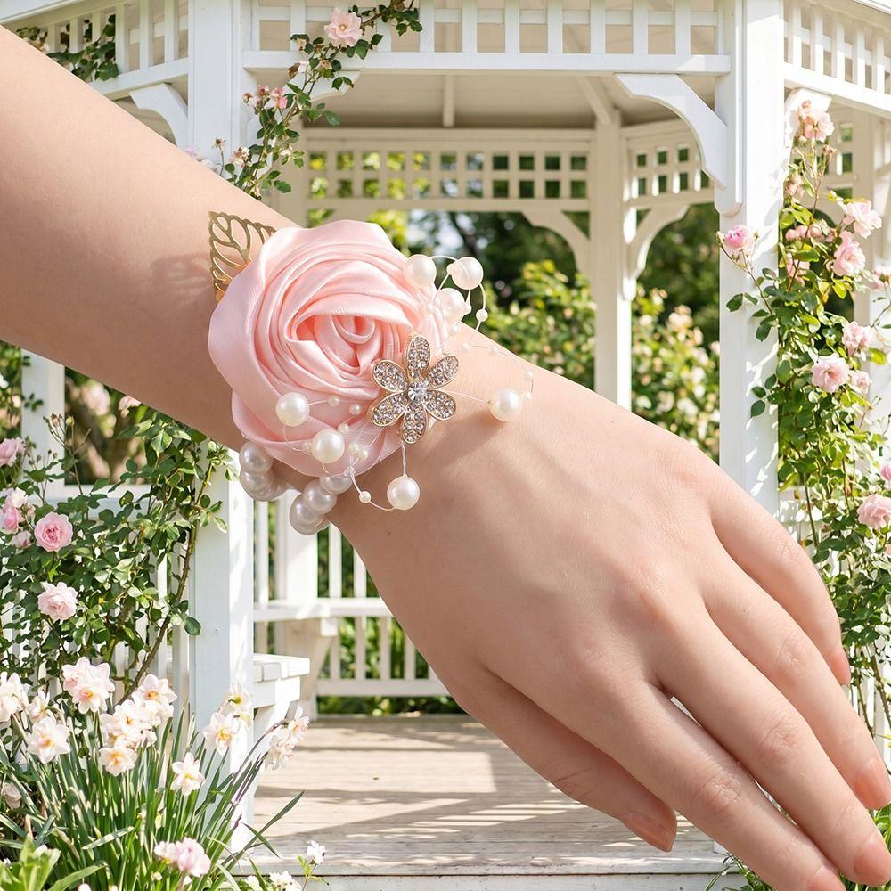 Artificial Rose Wrist Corsage Ribbon Wedding Flower Bracelet Bridesmaid Wrist Flowers Girls