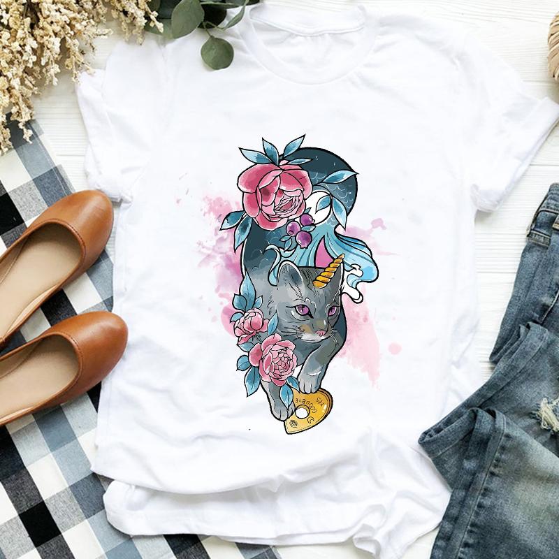 Women Lady Cartoon Cat Coffee Life Pet Cute Trend Fashion Print Tshirt Shirt Clothes Top Graphic Female T Tee Womens Tshirt