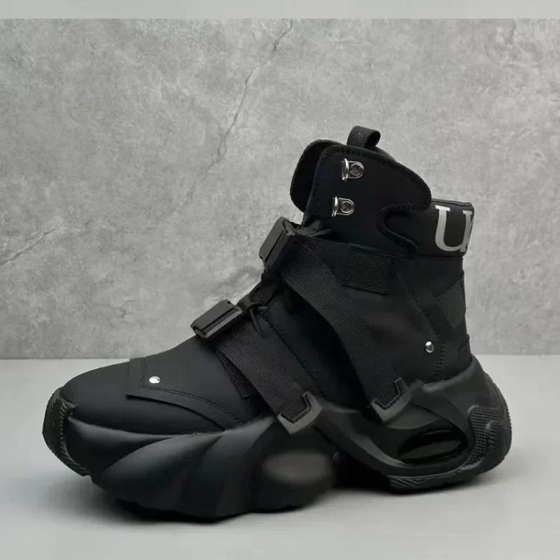 Men's High Top Thick Soled Height Increasing Comfort Waterproof Anti Slip Sports Shoes Buckle Belt Wear-resistant Boots