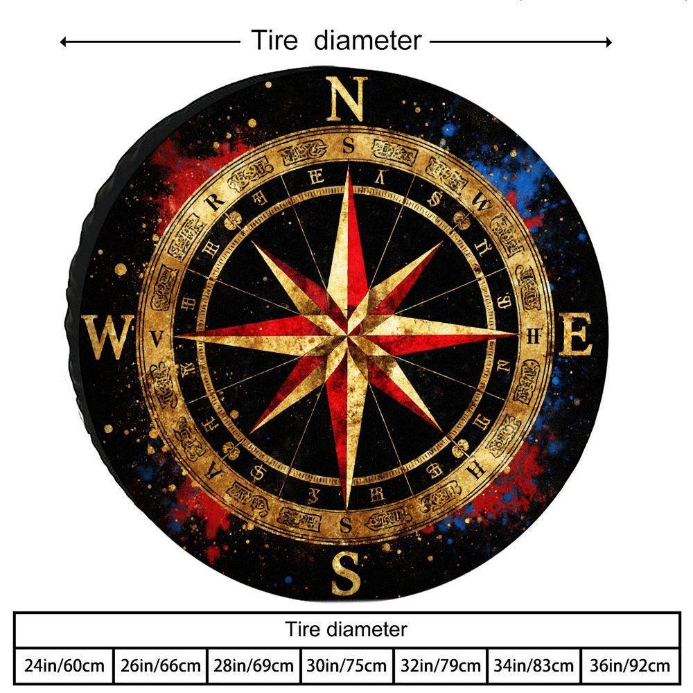 Nautical Compass Spare Tire Cover Durable Polyester Vintage Golden Red Print Protection for SUV
