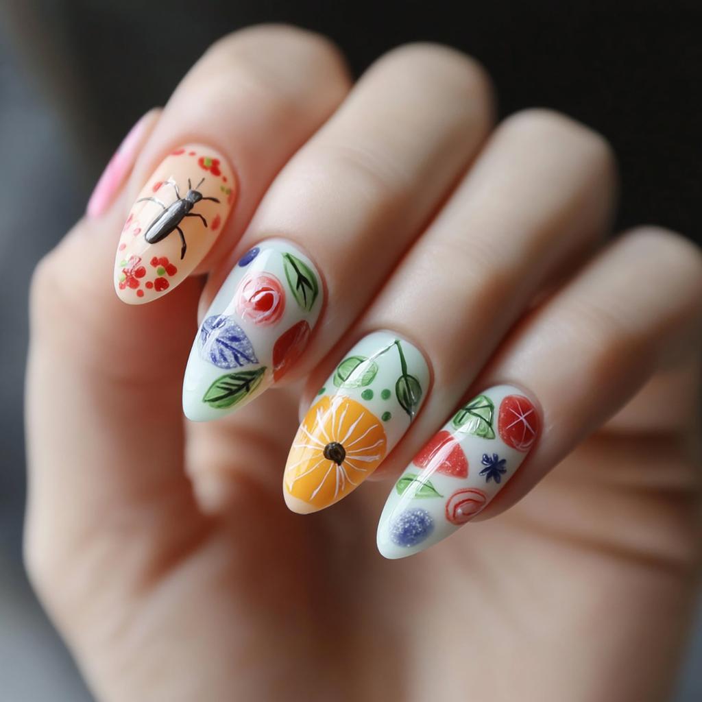 24Pcs Short French Almond Press On Nails With Lemon Flower Design Detachable False Nail Tips For Women