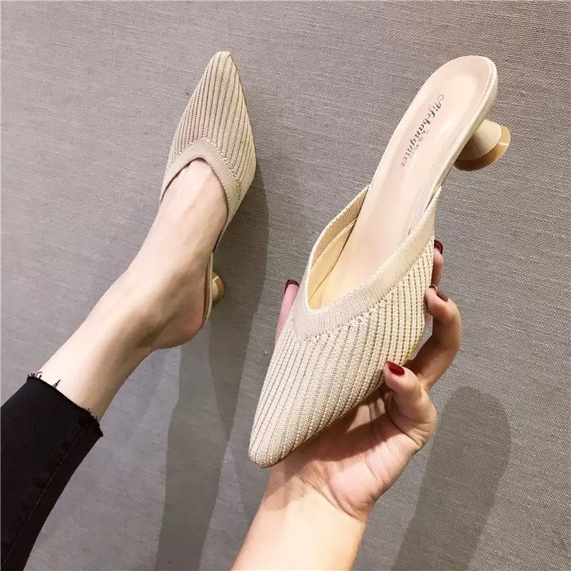 High heels women wear 2025 burst new knitted thick heel sandals Internet celebrity Mueller shoes wear pointed toe half slippers women